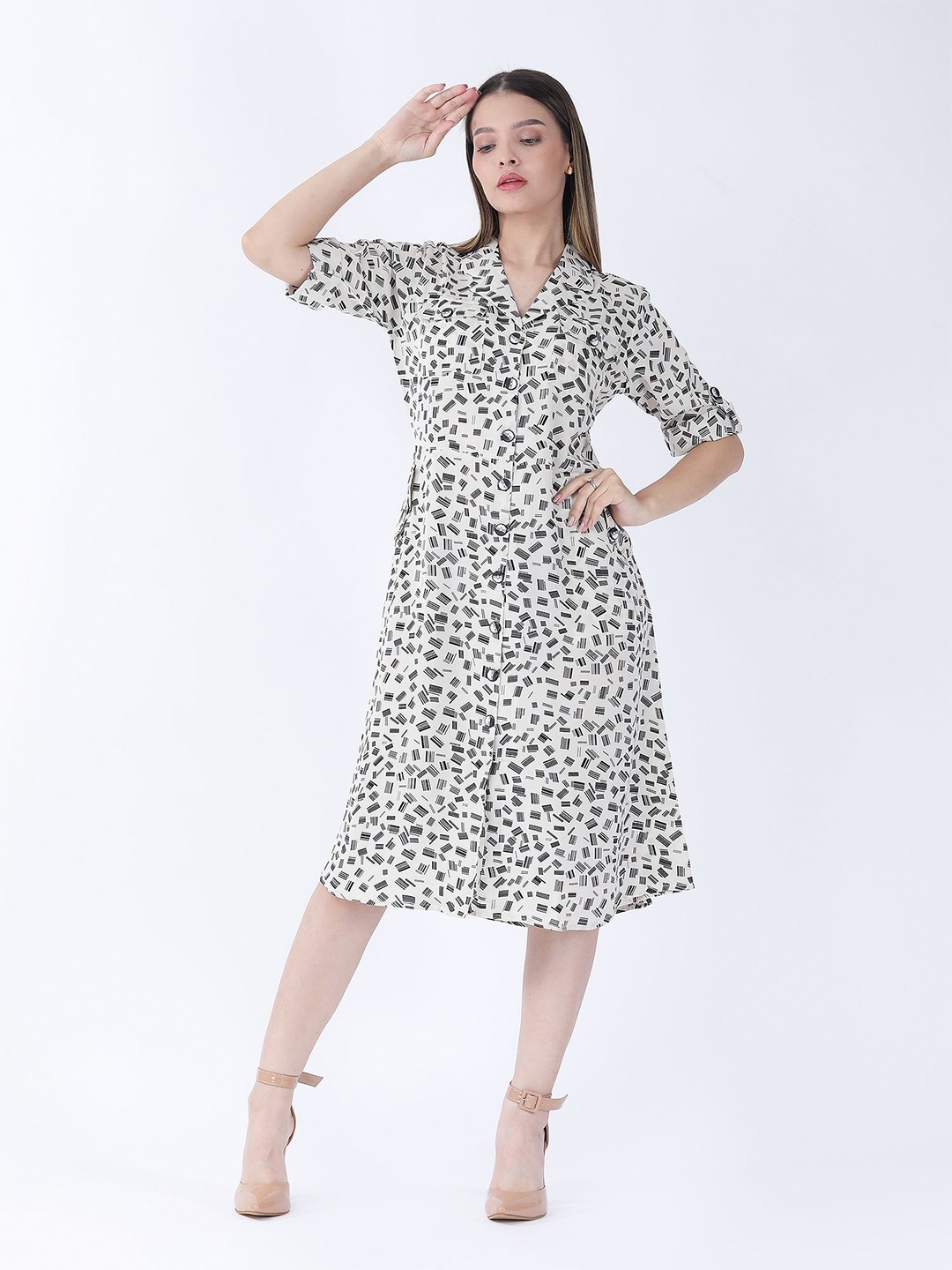 

Raus Fashion Women Abstract Printed A-Line Midi Dress, White