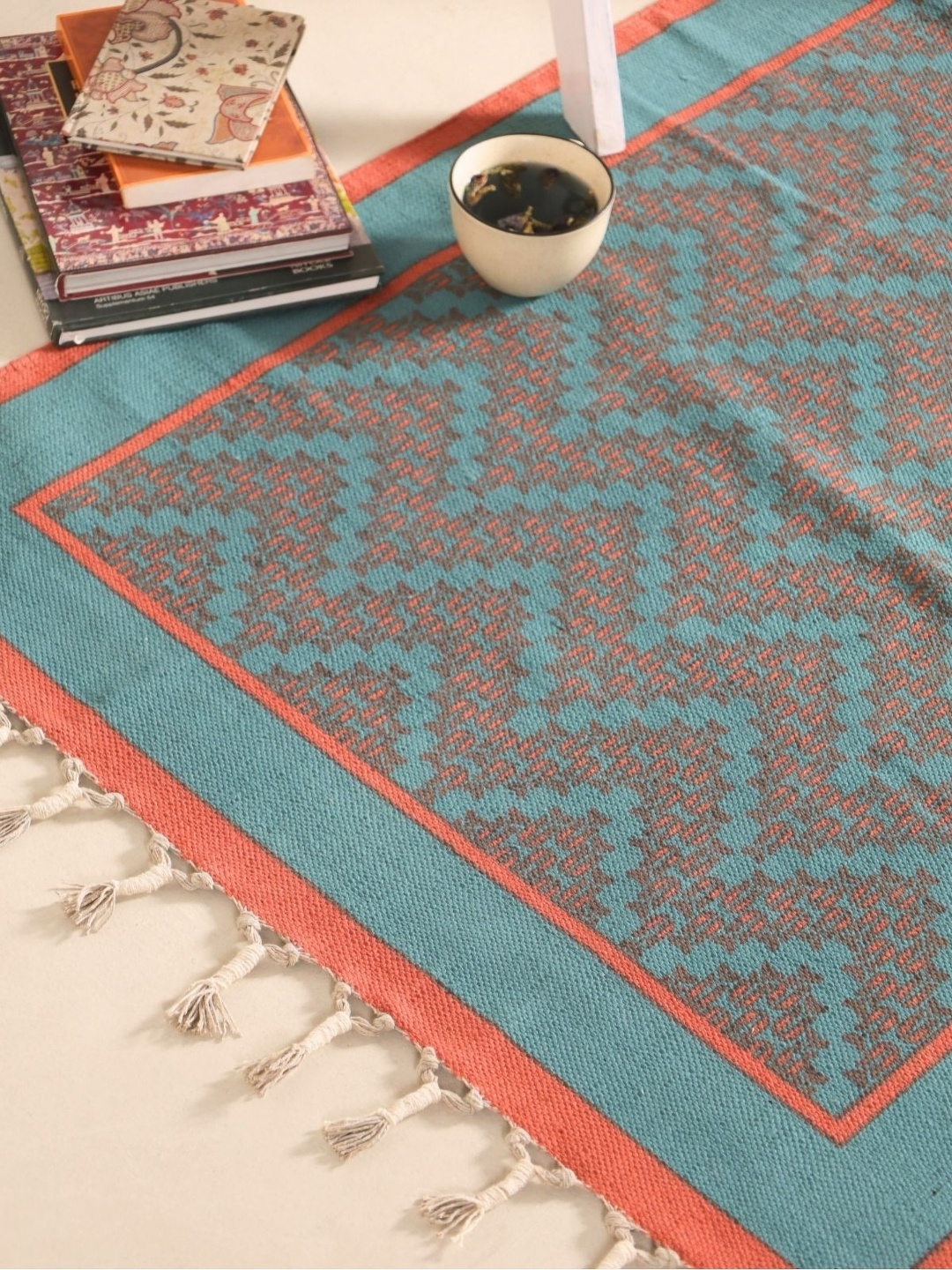 

Peepul Tree Teal Geometric Printed Cotton Carpet