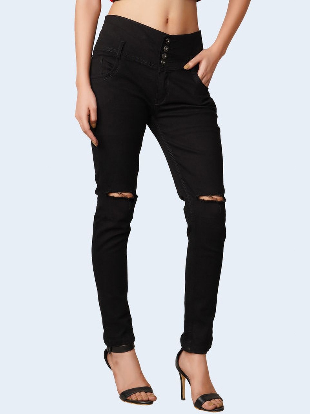 

LINARIA Women Classic Slim Fit Slash Knee Jeans, Black