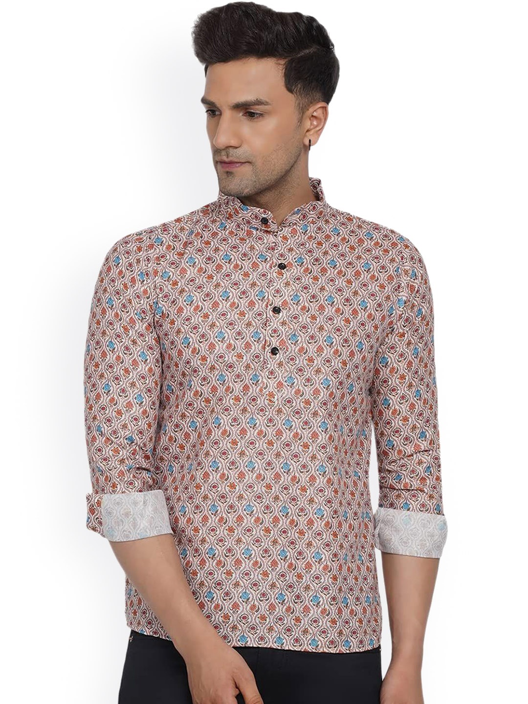 

VEERA PARIDHAAN Floral Printed Band Collar Pure Cotton Short Kurta, Beige
