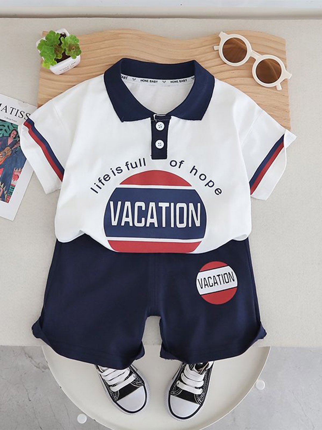 

StyleCast x Revolte Boys Printed Polo Collar Pure Cotton T-shirt with Shorts, White