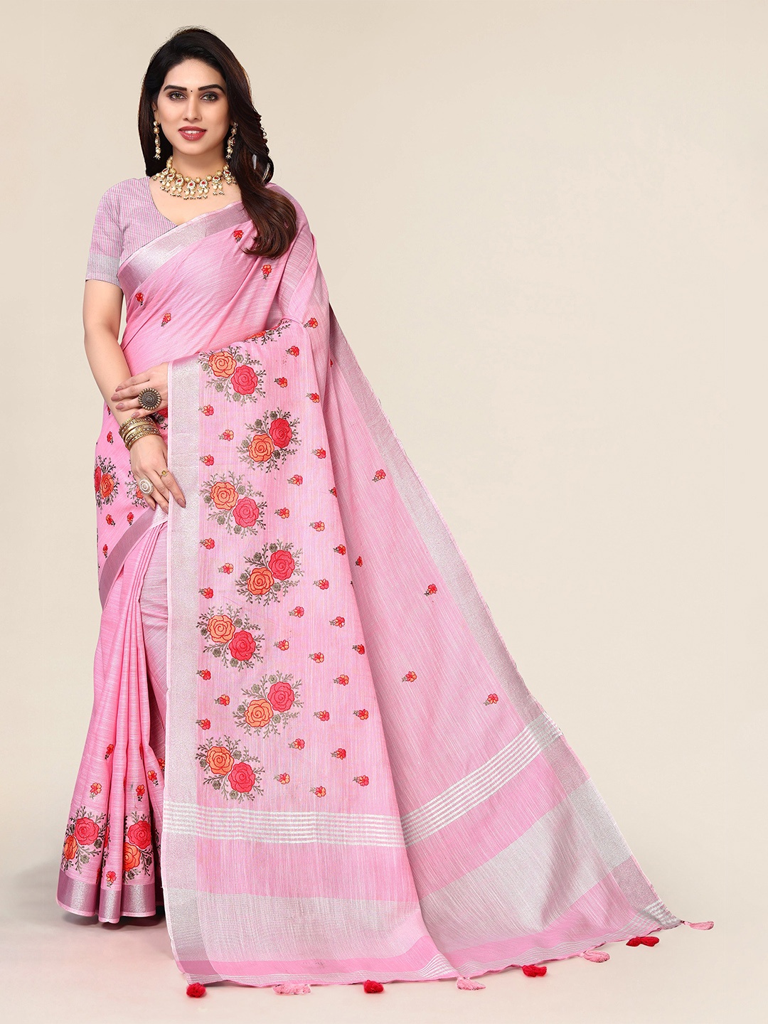 

VIRENDRA TEXTILES Floral Zari Pure Cotton Saree, Pink