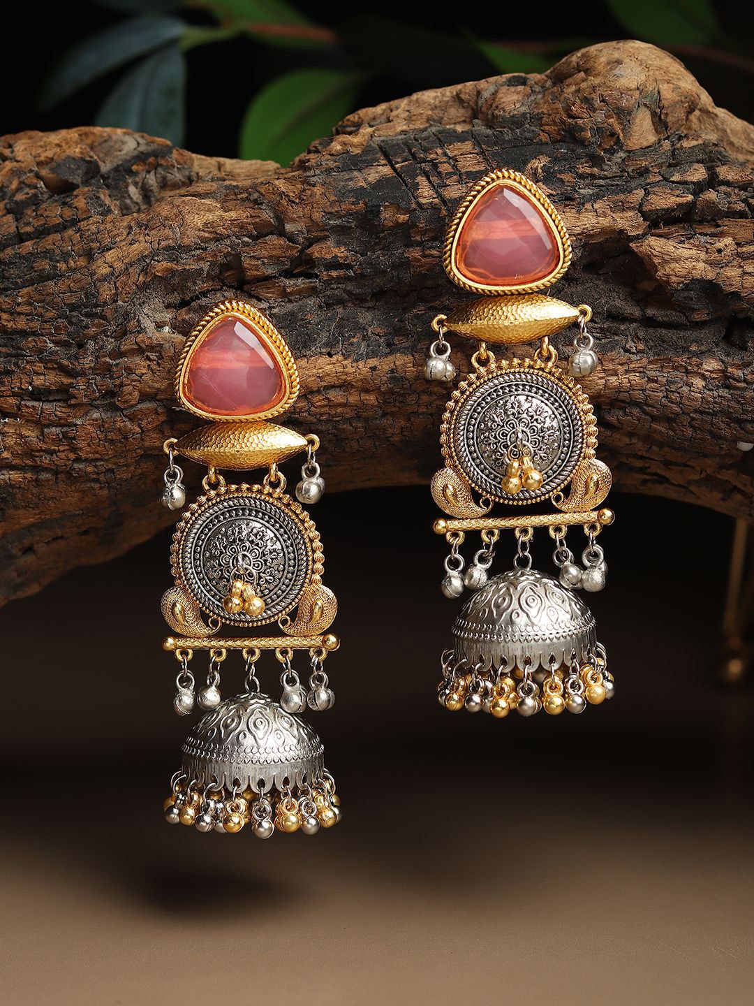 

RHOSYN German Silver Gold-Plated Stones Studded Contemporary Shaped Antique Drop Earrings