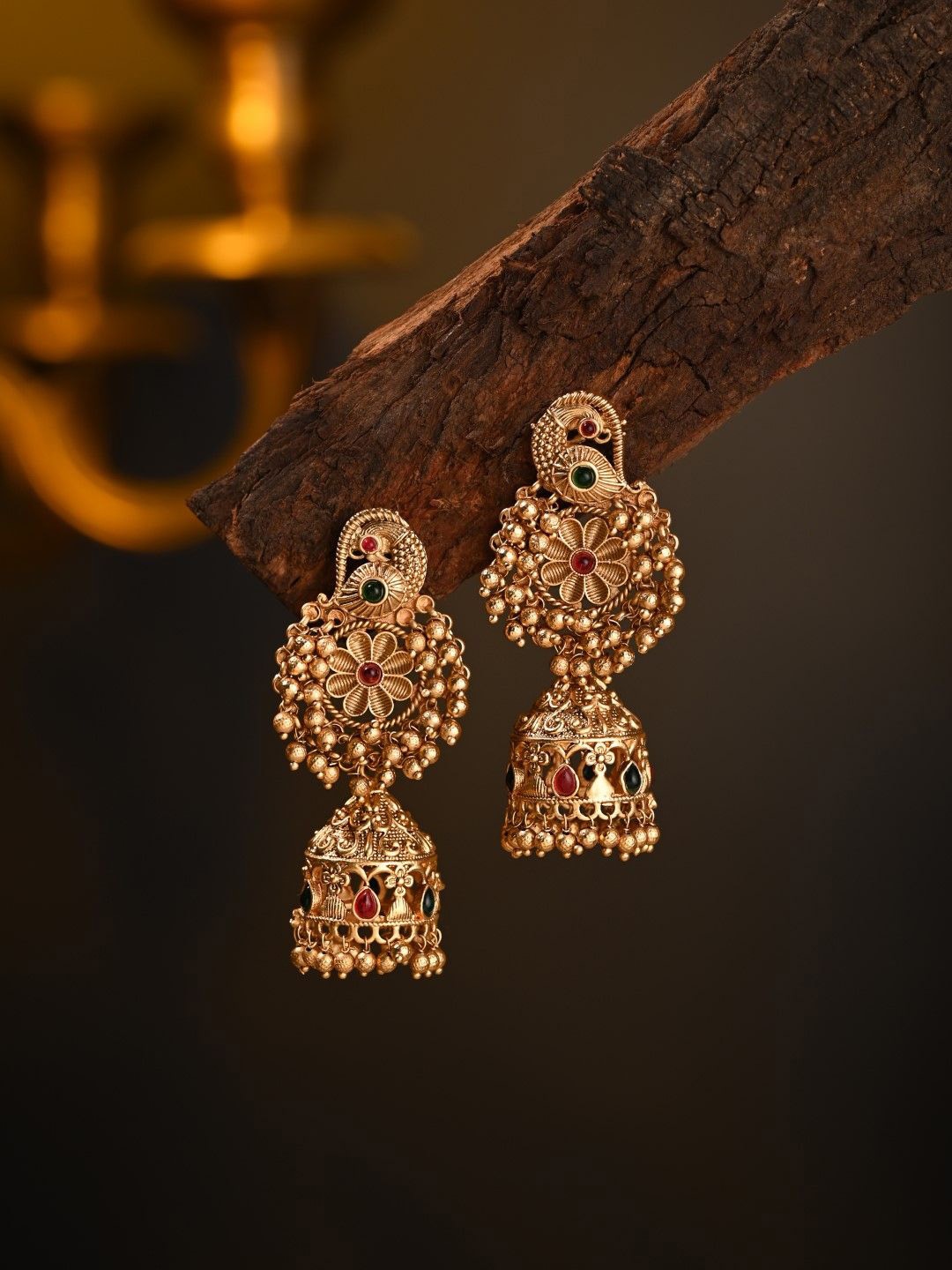 

Anvik Gold-Plated Artificial Stones Studded & Beaded Dome Shaped Temple Jhumkas