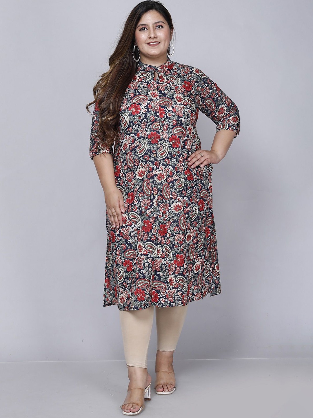 

Gs Fashions Plus Size Floral Printed Pure Cotton Mandarin Collar Straight Kurta, Black