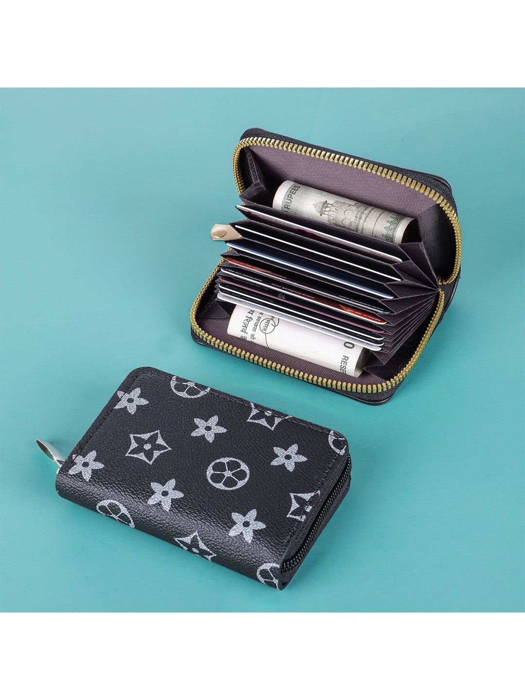 

SZN Women Printed Zip Detail Leather Card Holder, Black