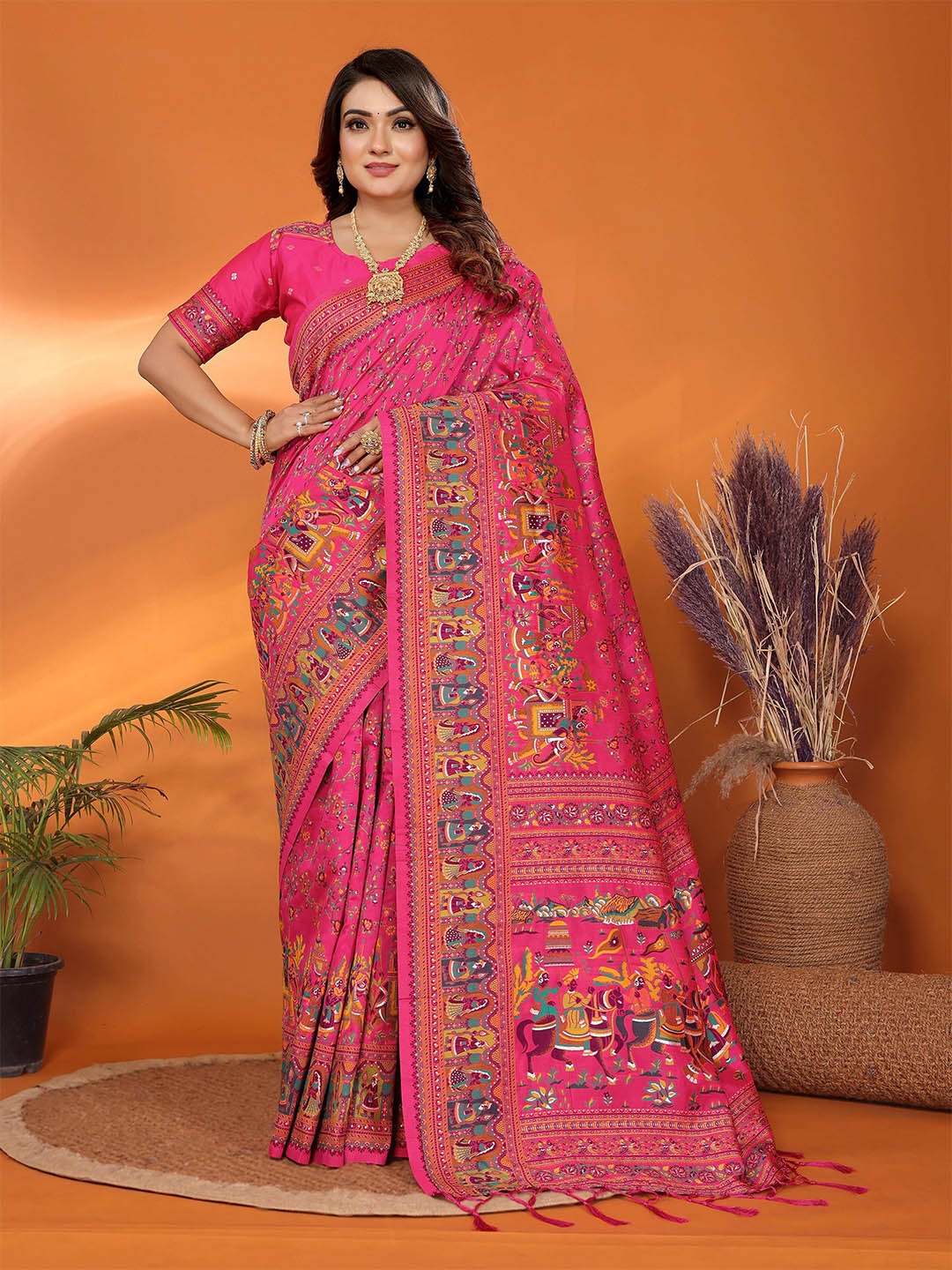 

VEECHIS Woven Design Silk Banarasi Saree With Unstitched Blouse Piece, Pink