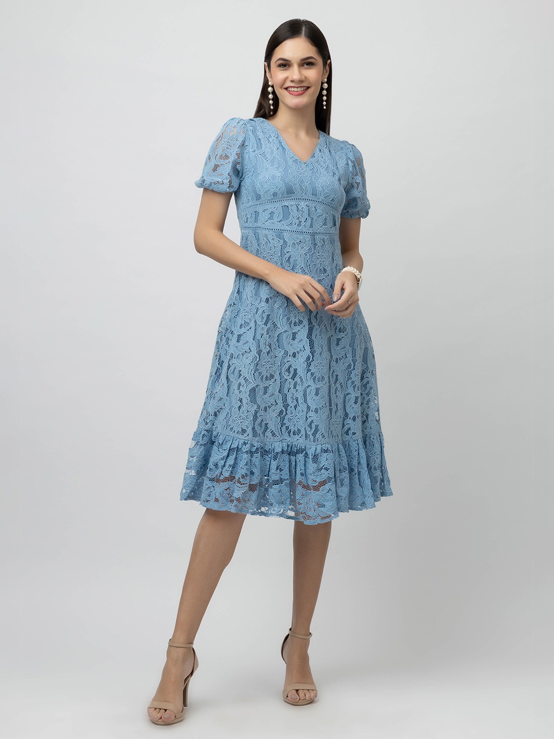 

7OUNCE Puff Sleeve Fit & Flare Dress, Blue