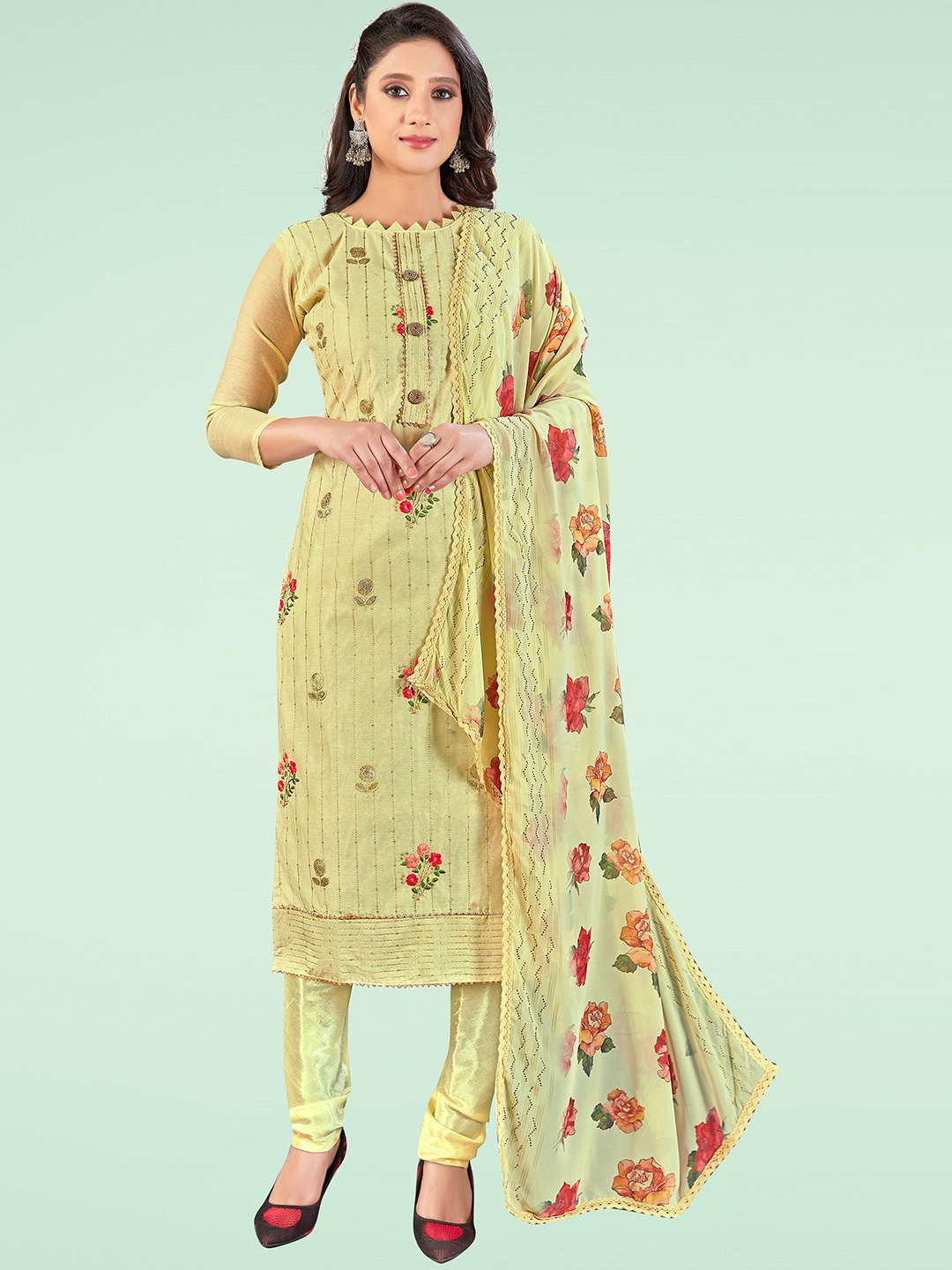 

HERE&NOW Floral Embroidered Sequinned Chanderi Cotton Unstitched Dress Material, Yellow