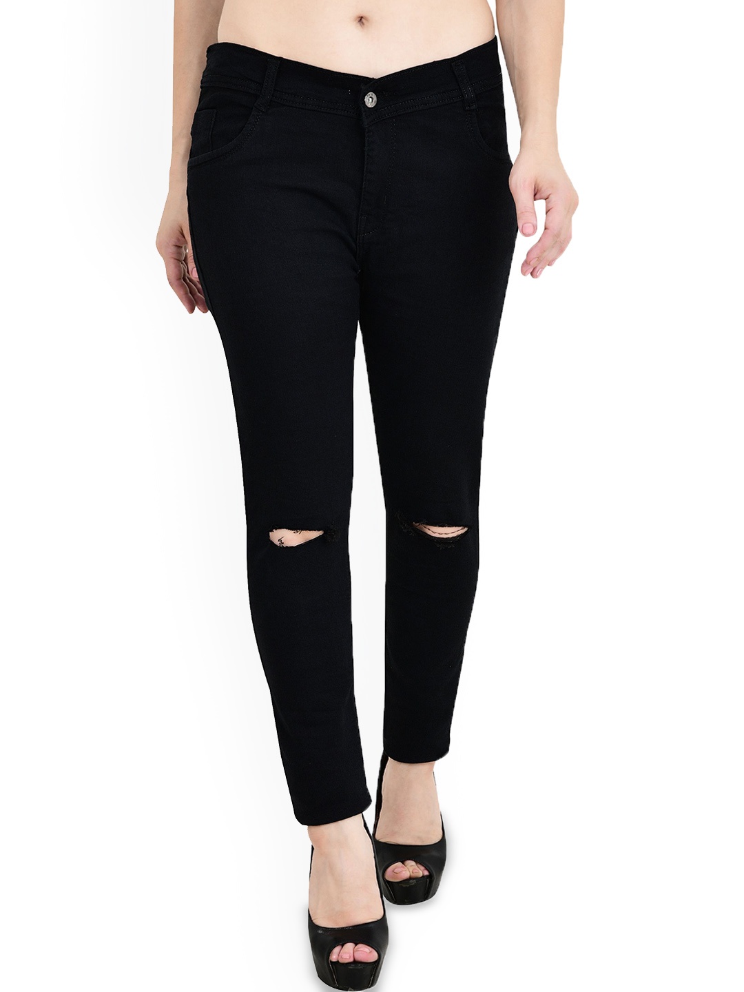 

LINARIA Women Classic Slim Fit Slash Knee Cotton Jeans, Black