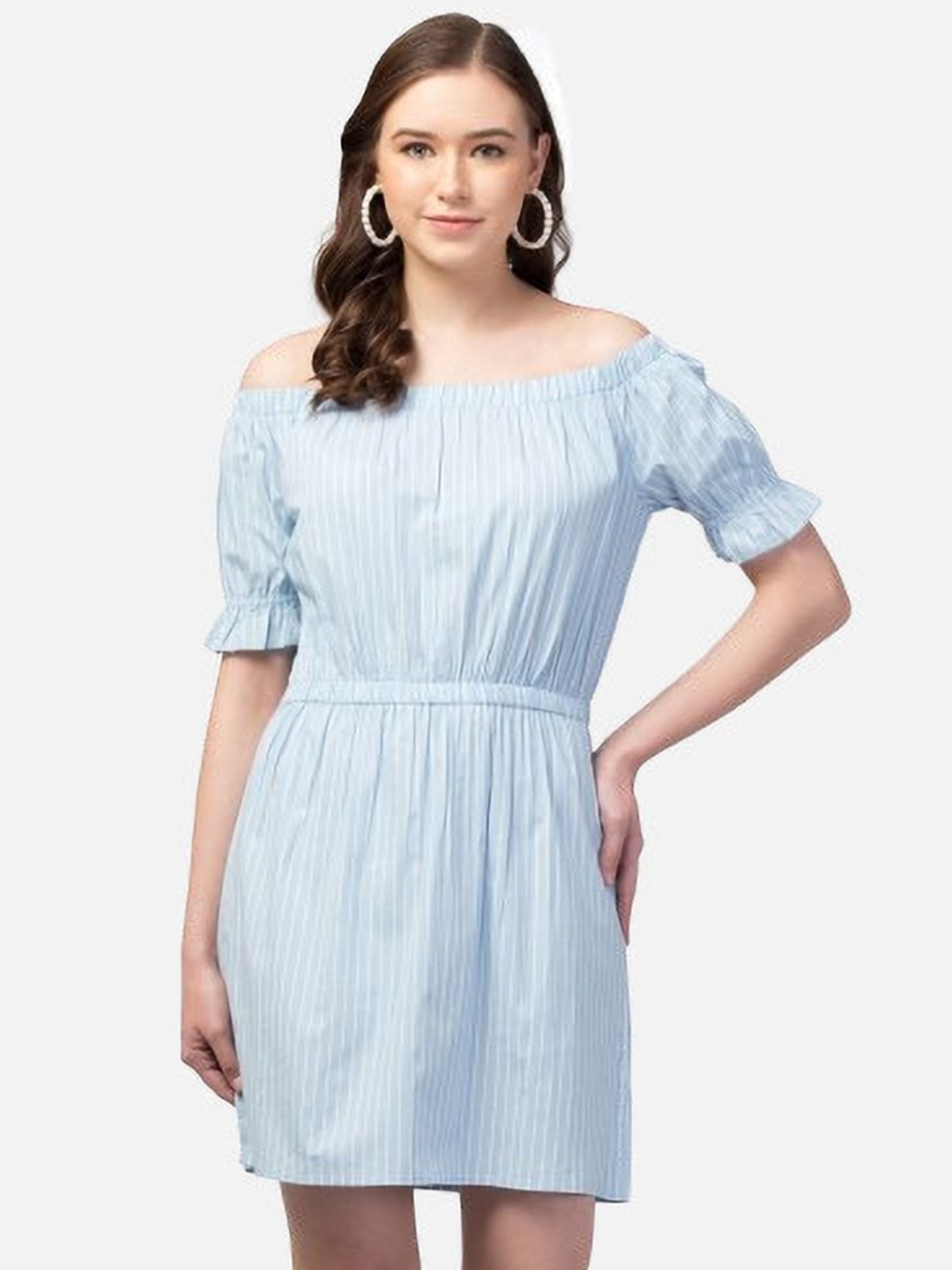 

TRAZO Women Striped Off-Shoulder A-Line Dress, Blue