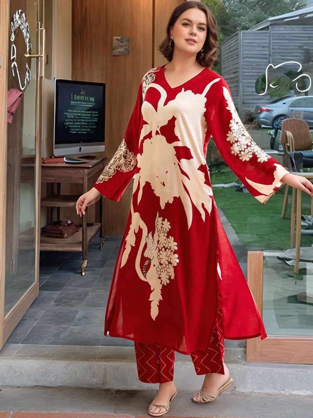 

DIVASTRI Floral Printed V-Neck A-Line Kurta With Trousers, Red
