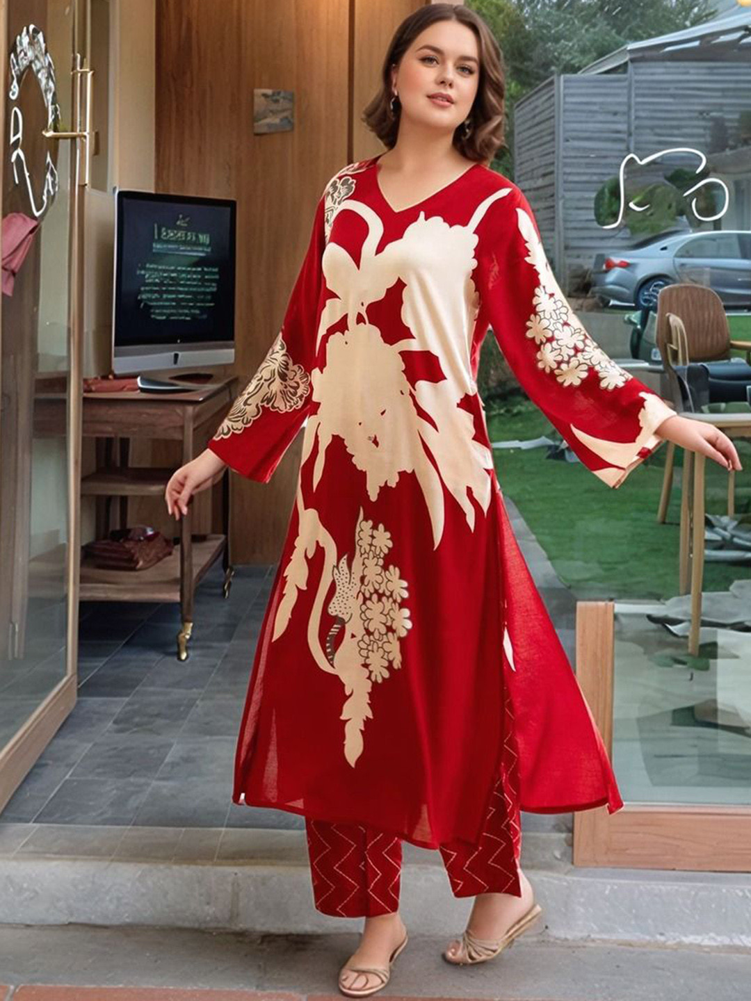 

Anni Designer Floral Printed Straight Kurta With Palazzos, Red