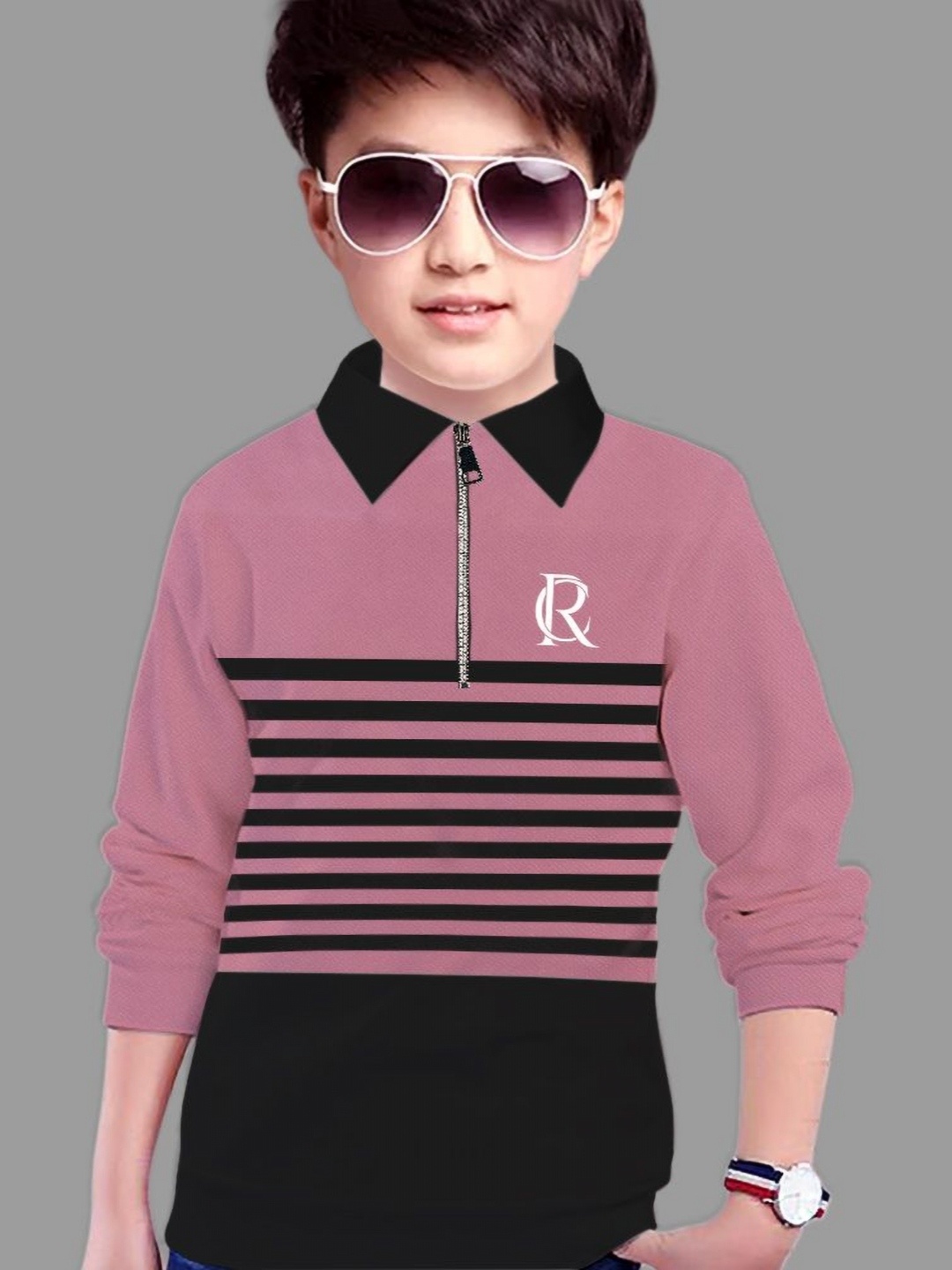 

MYEONN Boys Typography Striped Polo Collar T-shirt, Pink