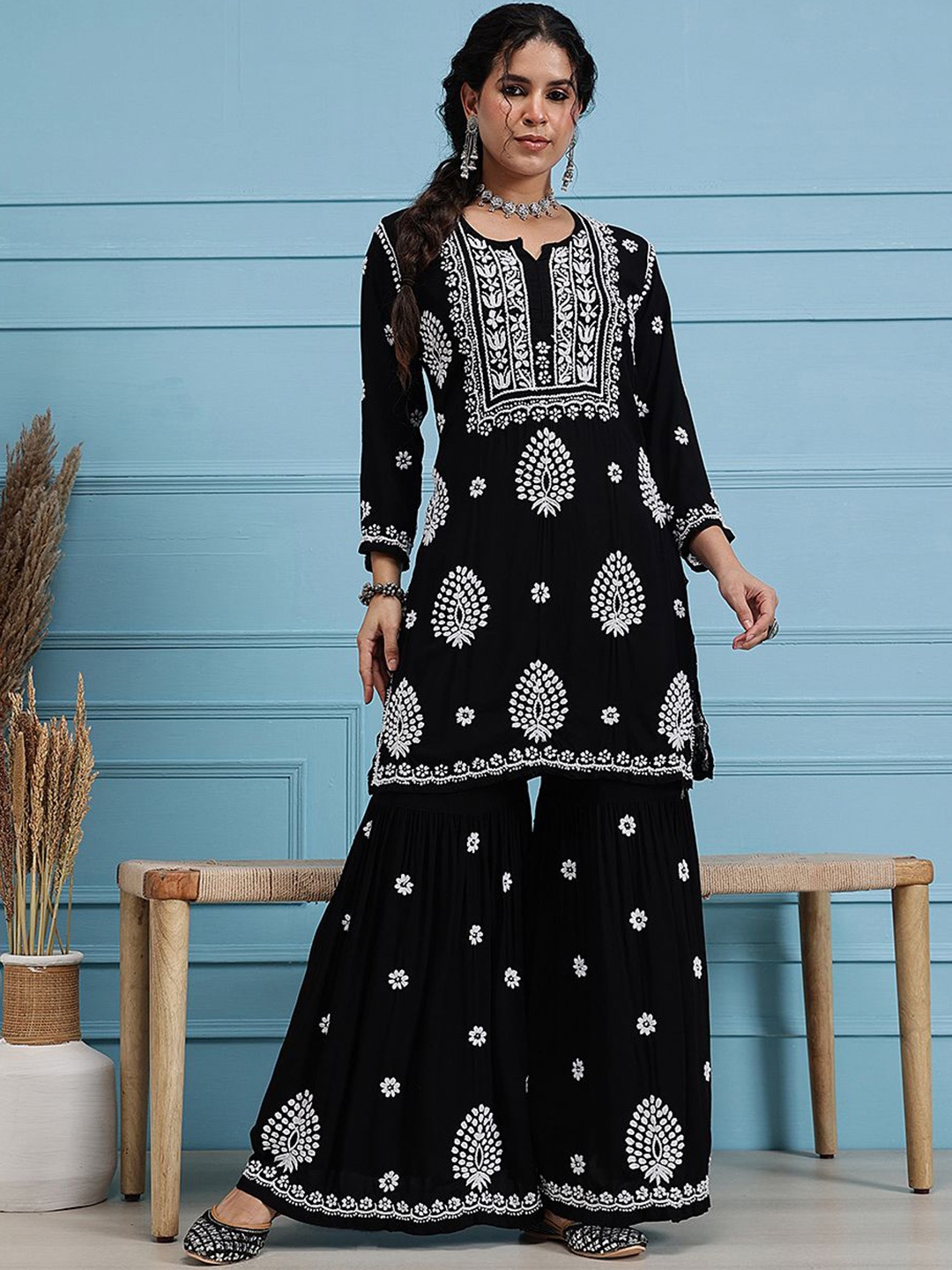 

ADA Ethnic Motifs Embroidered Lucknowi Chikankari Straight Kurti With Sharara, Black