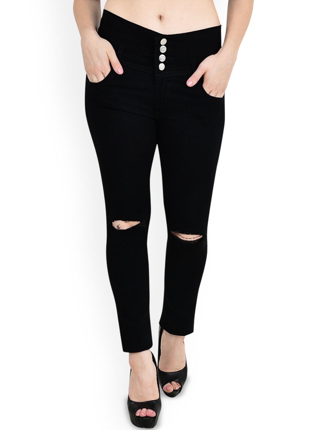 

LINARIA Women Classic Slim Fit Slash Knee Mid-Rise Jeans, Black
