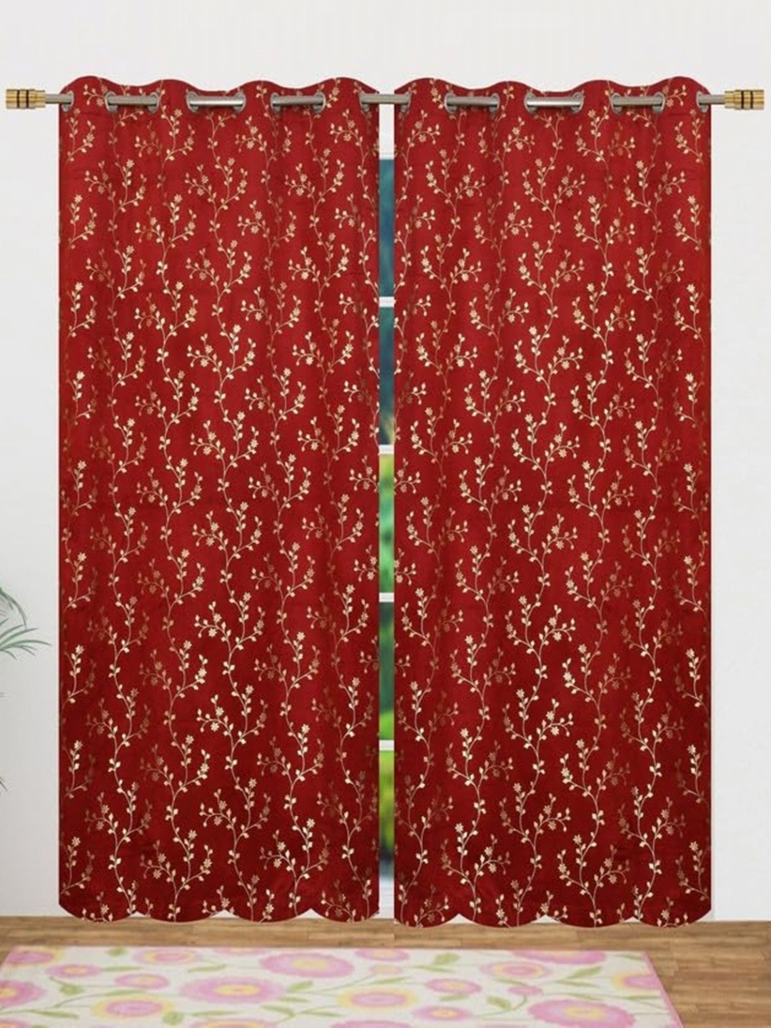 

Galaxy Home Decor Maroon 2 Pieces Floral Room Darkening Window Curtain