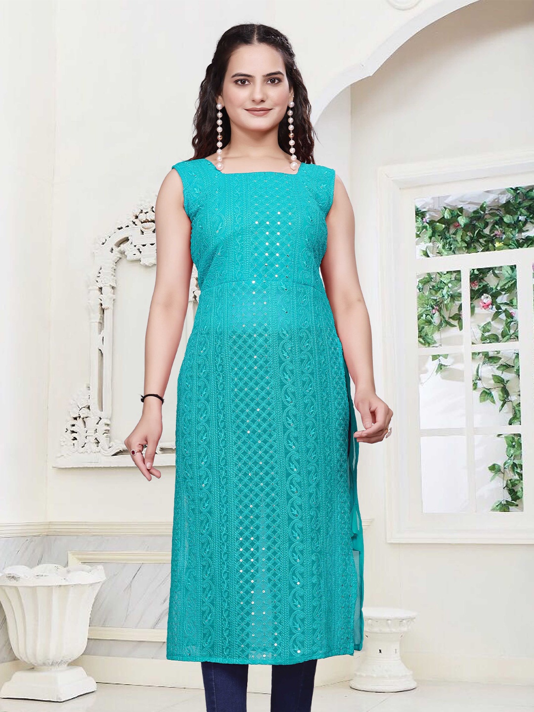 

PARROT CREATION Women Ethnic Motifs Embroidered Kurta, Turquoise blue