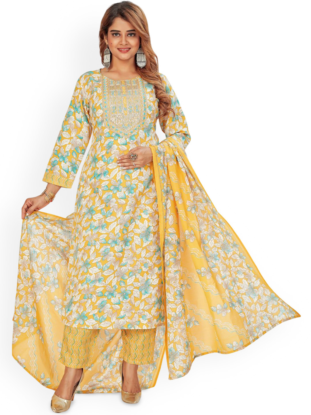 

Amchoor Floral Printed Sequinned Pure Cotton Straight Kurta With Trouser & Dupatta, Yellow