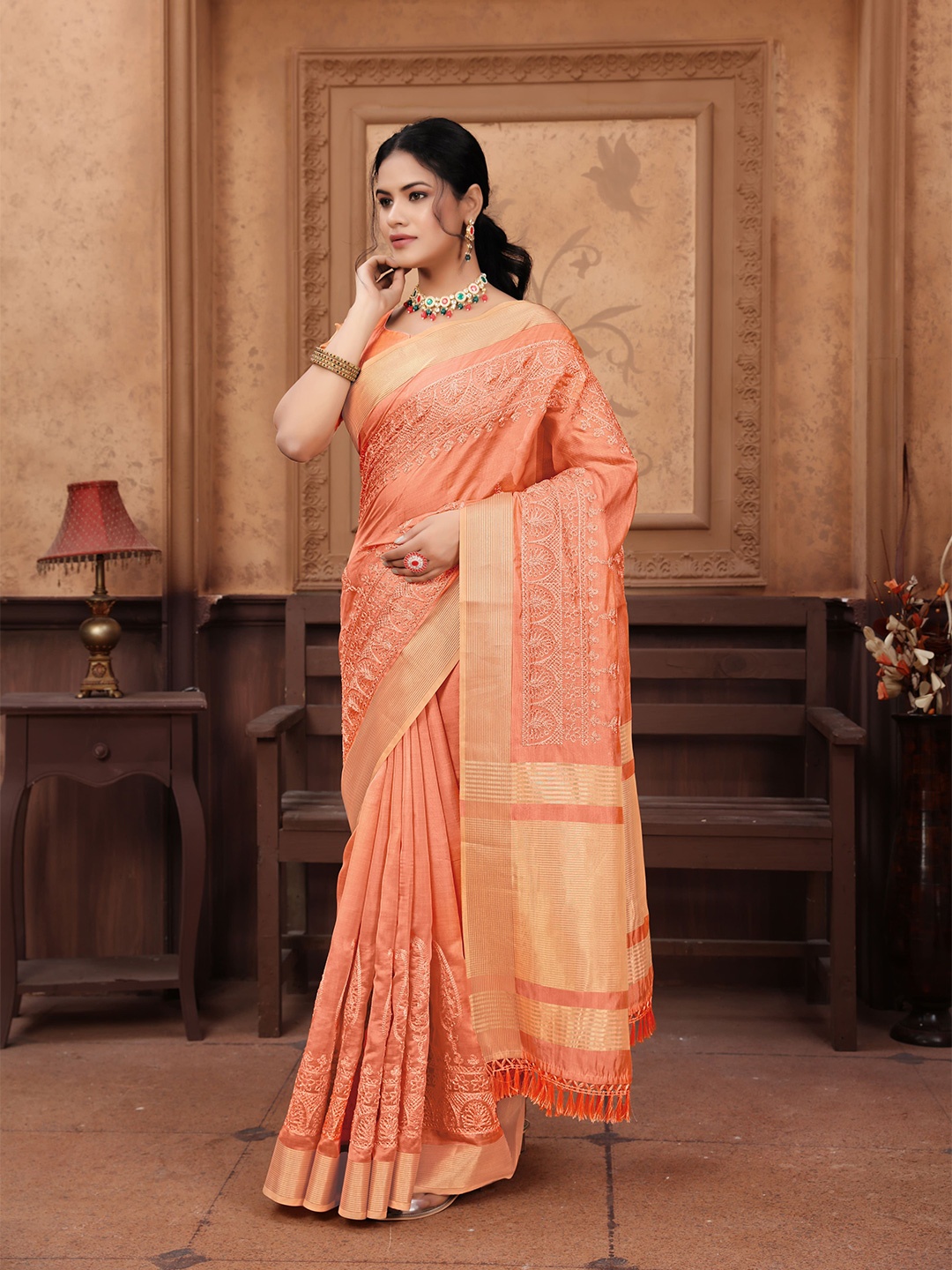 

VIRENDRA TEXTILES Woven Design Zari Pure Cotton Saree, Orange