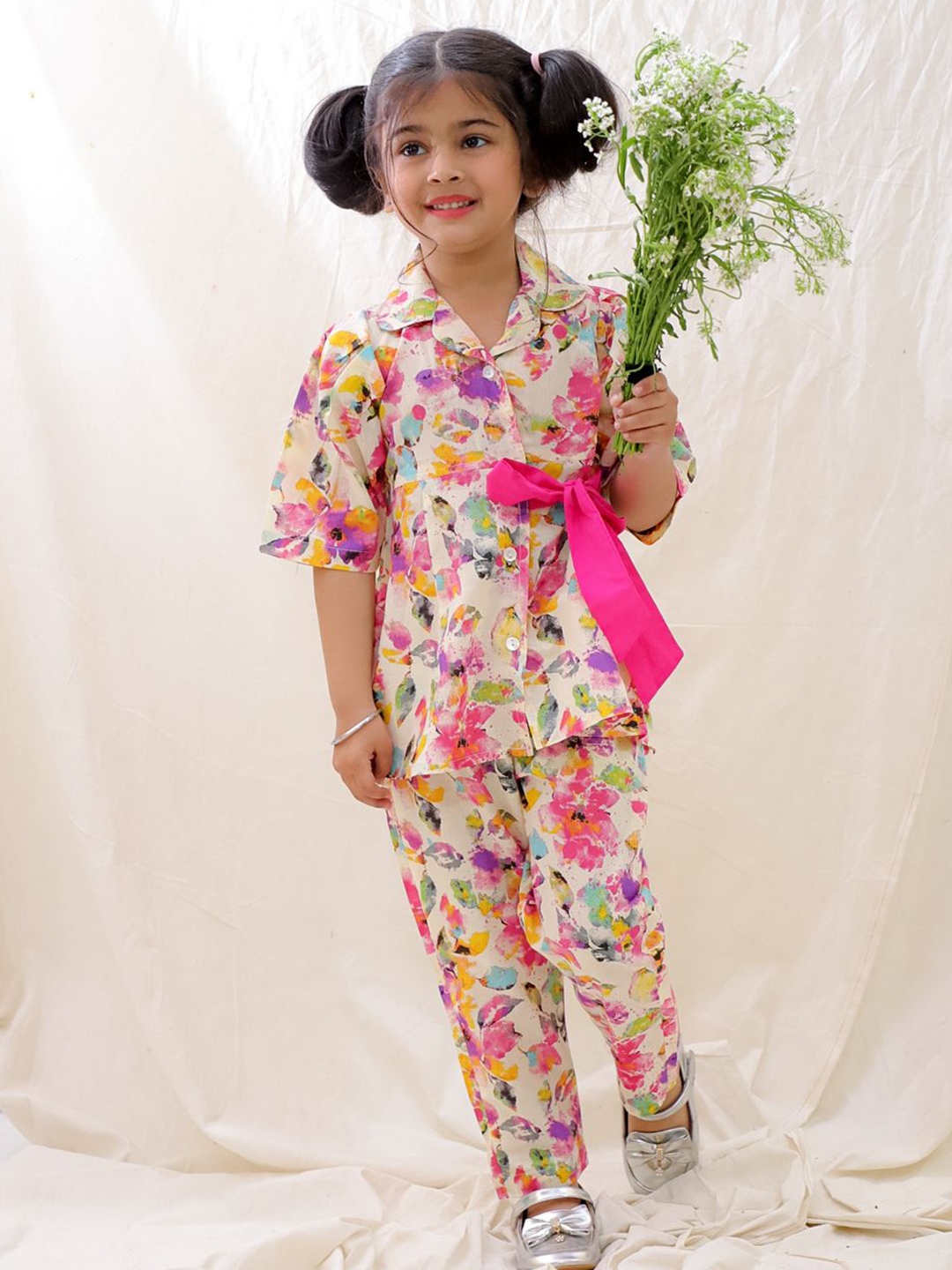 

BownBee Girls Floral Printed Pure Cotton Shirt With Trousers, Pink
