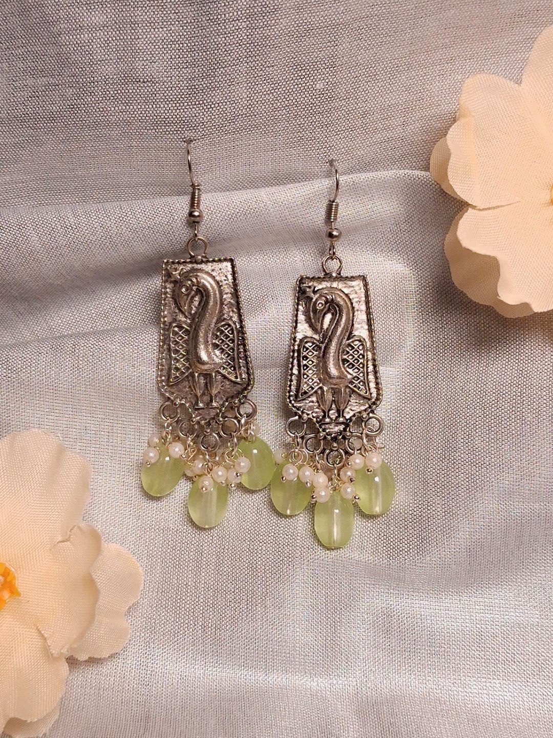 

HOPMEE Silver-Plated Classic Shaped Jhumkas, Sea green