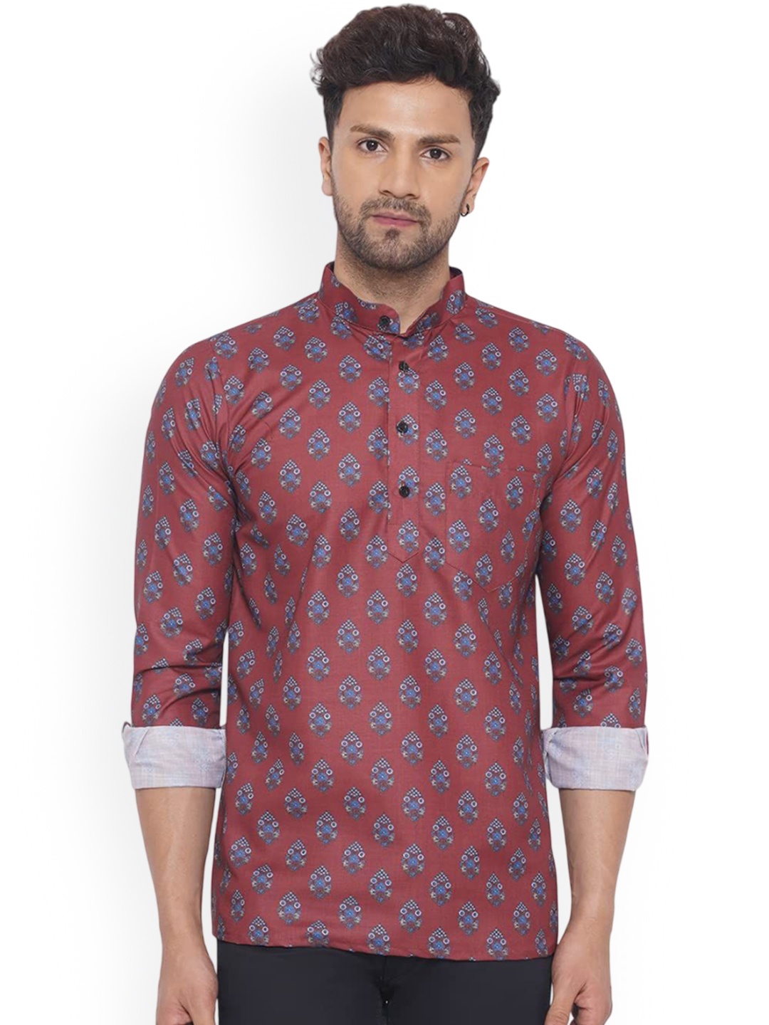 

VEERA PARIDHAAN Ethnic Motifs Printed Cotton Thread Work Mandarin Collar Short Kurta, Maroon