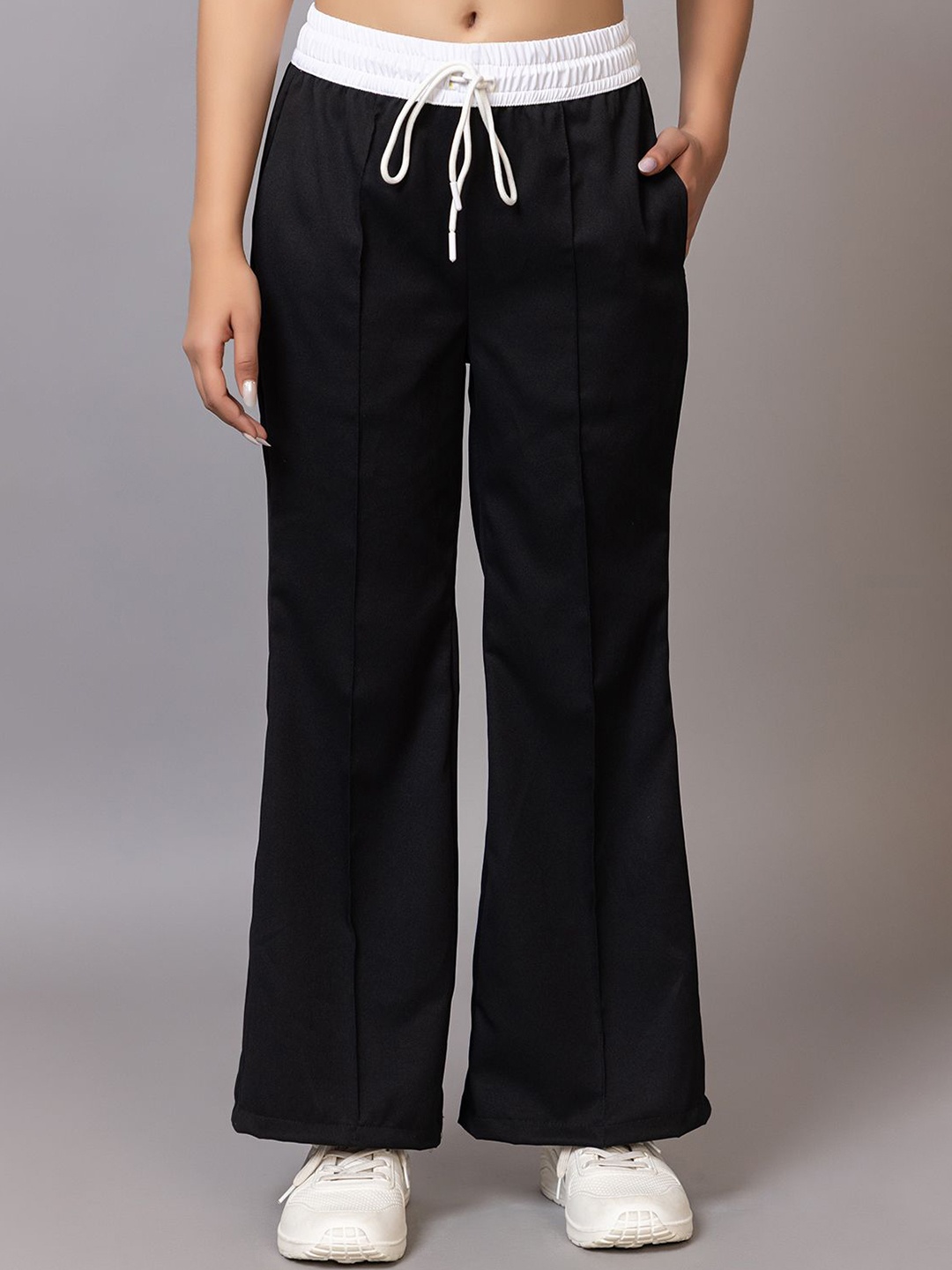 

BAYSTREET Women Mid Rise Flared Wide Leg Trousers, Black