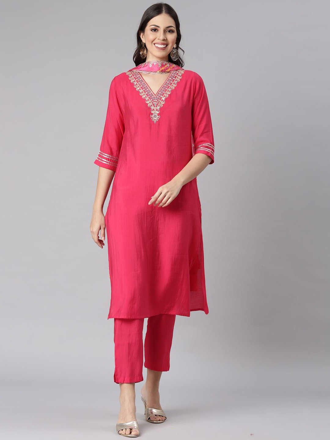 

Neerus Floral Yoke Design V-Neck Zari Straight Kurta With Trousers And Dupatta, Pink