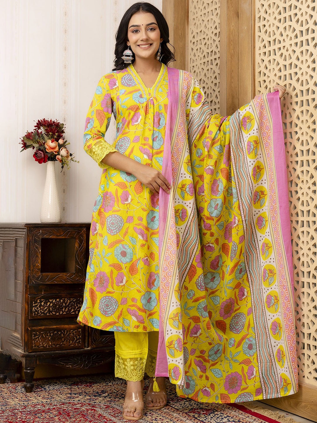 

TRIVEDI Floral Printed V-Neck Cotton Sequinned Anarkali Kurta With Trousers & Dupatta, Yellow