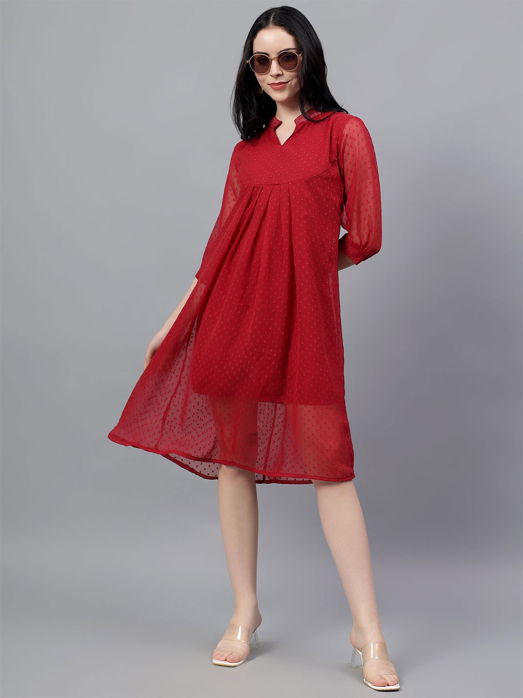 

BAESD Women Mandarin Collar Puff Sleeve Empire Dress, Maroon