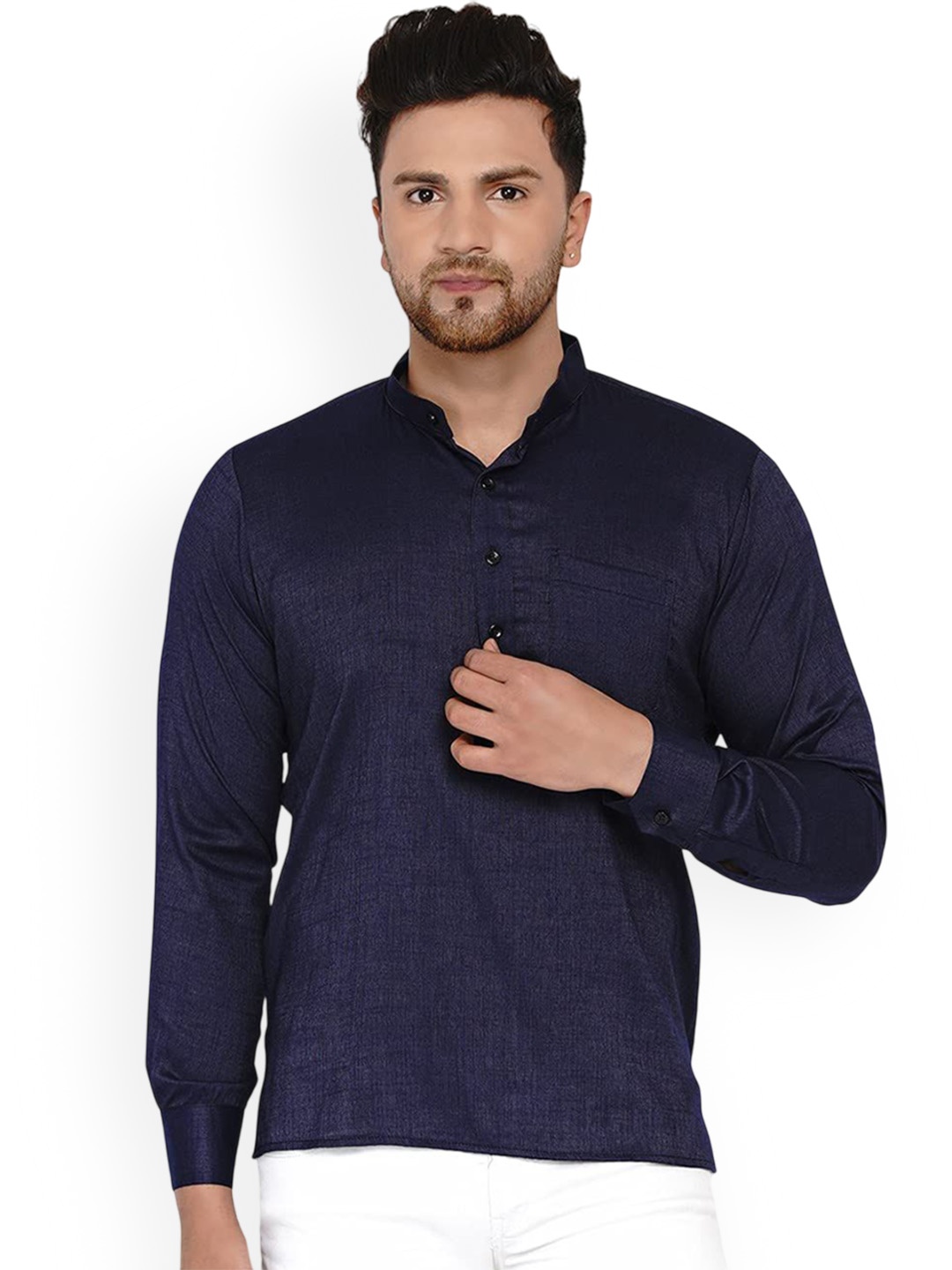 

VEERA PARIDHAAN Band Collar Straight Short Kurta, Navy blue
