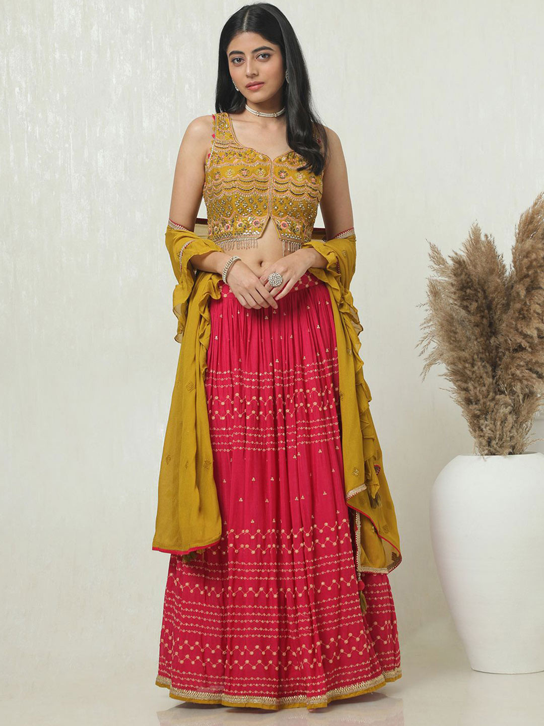 

Soch Floral Embellished Mirror Work Ready to Wear Lehenga With Blouse & Dupatta, Mustard