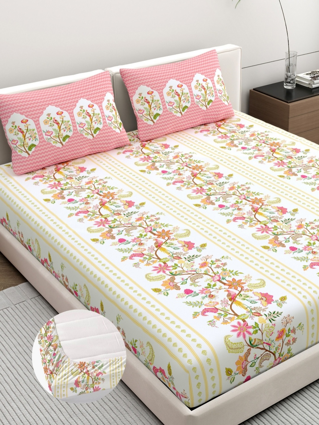 

Dreamscape White & Pink Floral Pure Cotton 200 TC Fitted King Bedsheet Set-1.83 m X 1.98 m