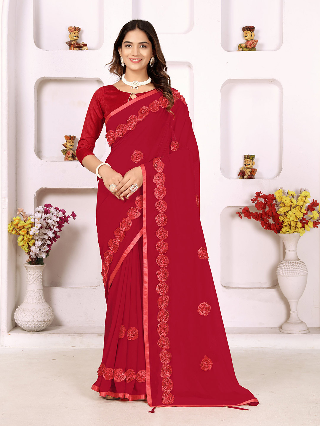 

VIRENDRA TEXTILES Woven Design Embroidered Pure Georgette Saree, Red