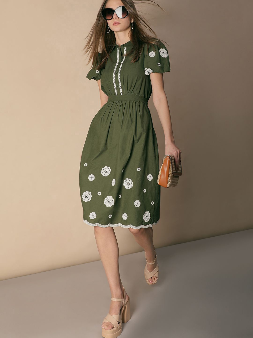 

Vero Moda Women Puff Sleeve Floral Applique Fit & Flare Midi Dress, Green