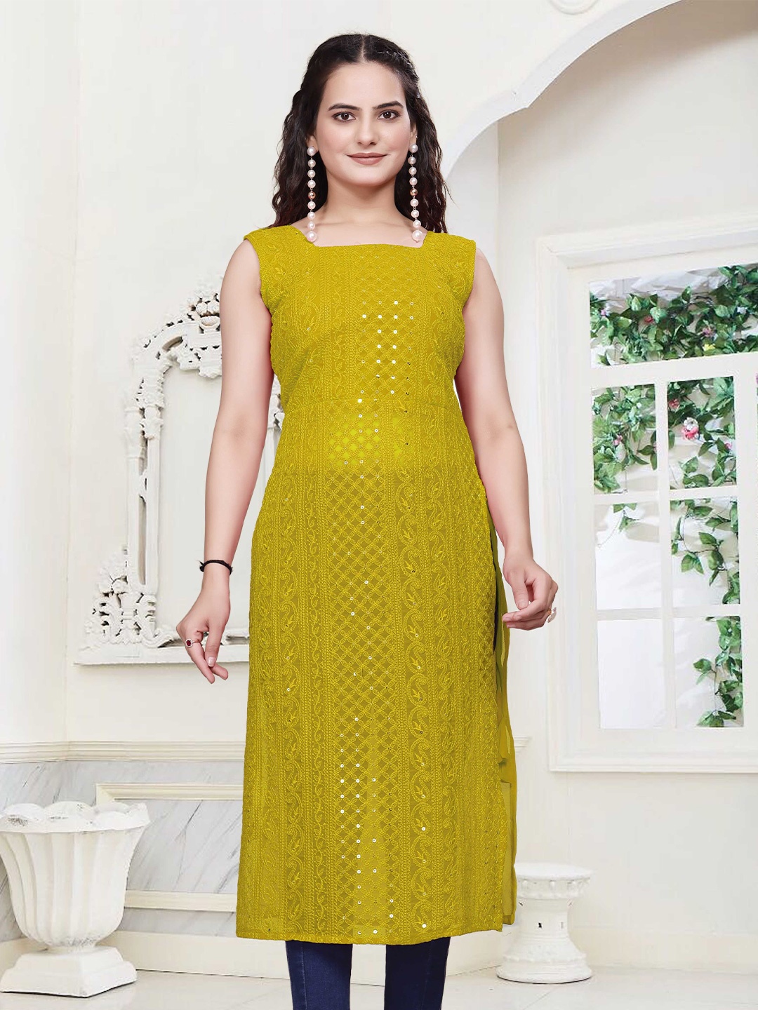 

PARROT CREATION Women Ethnic Motifs Sleeveless Square Neck Embroidered Kurta, Yellow