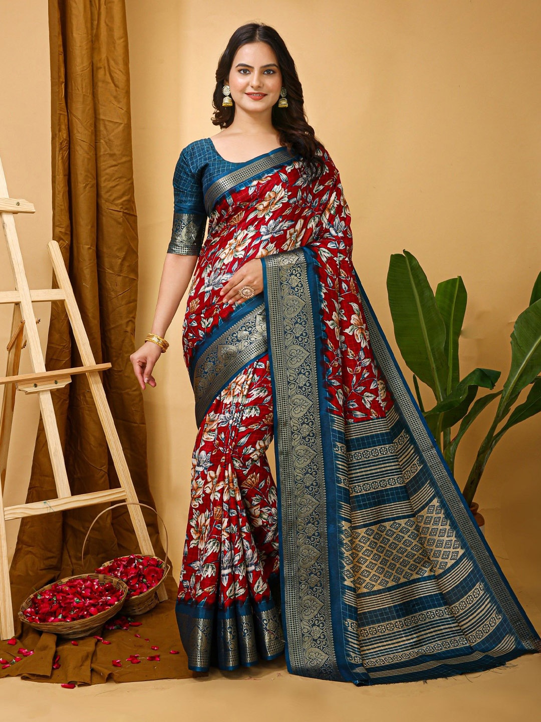 

Panzora Floral Printed Zari Kanjeevaram Saree With Unstitched Blouse Piece, Red