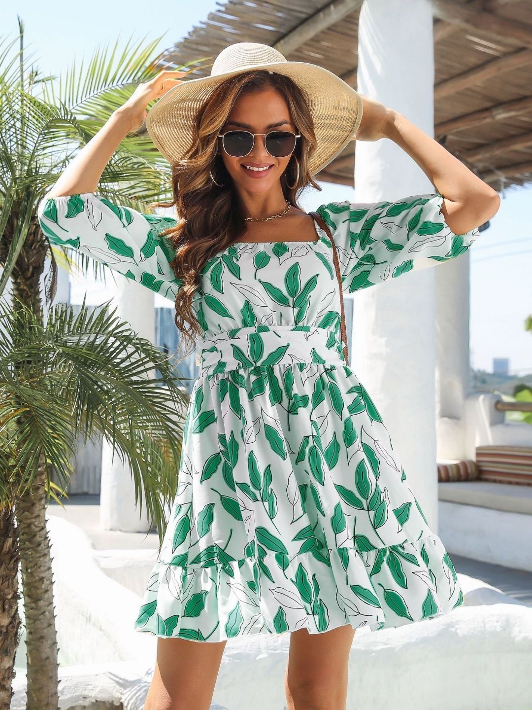 

Oh Rare Tropical Print Bell Sleeve Fit & Flare Dress, Green