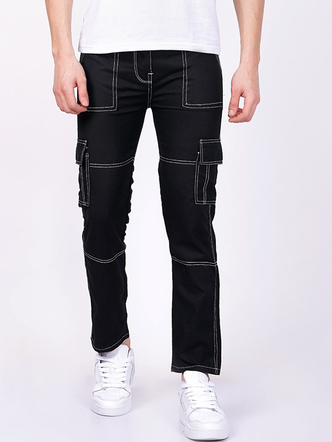 

LINARIA Men Cotton Classic Slim Fit Mid-Rise Cargo Style Jeans, Black