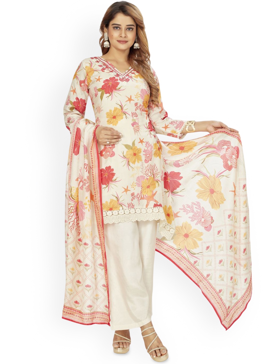 

Amchoor Women Floral Printed Mirror Work Pure Cotton Straight Kurta With Trouser & Dupatta, Beige