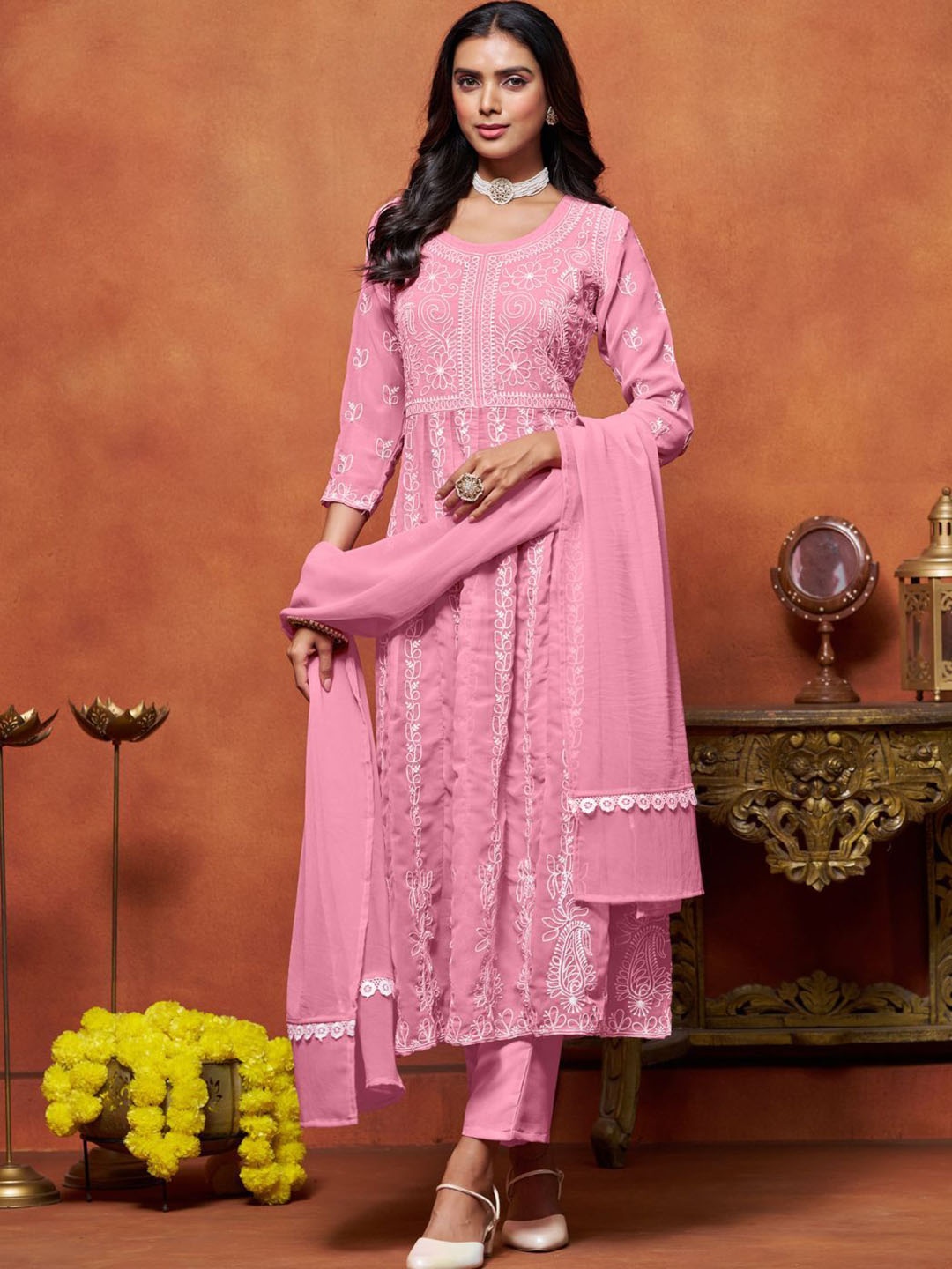 

Sangria Chikankari Embroidered Anarkali Kurta & Trousers With Dupatta, Pink