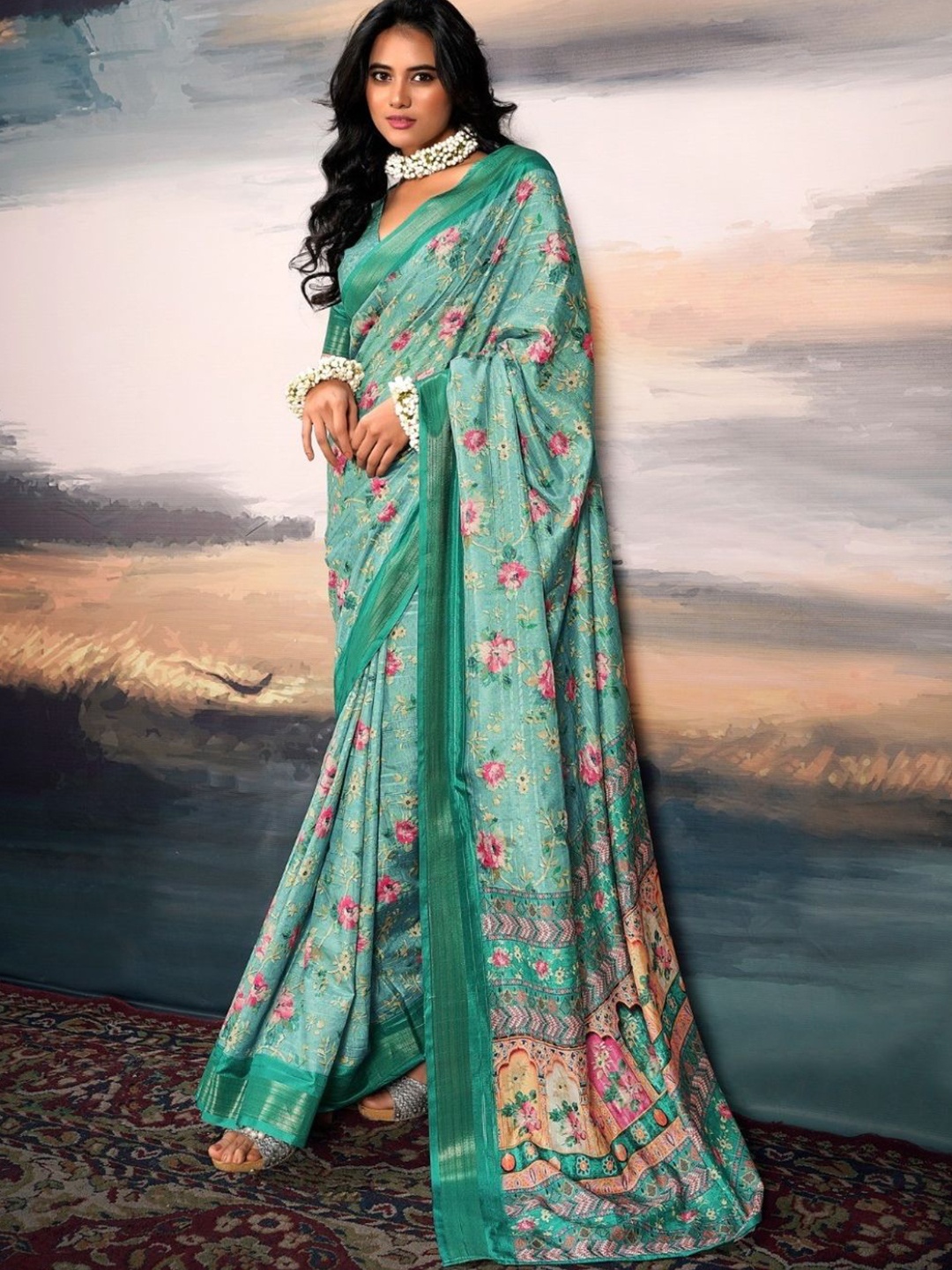 

DEVATITHI Teal Pure Cotton Silk Saree