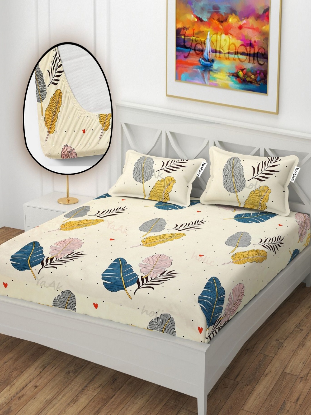 

YaAkholic Cream & Blue Printed Microfiber 210 TC King Bedsheet Set 1.98m x 1.82m