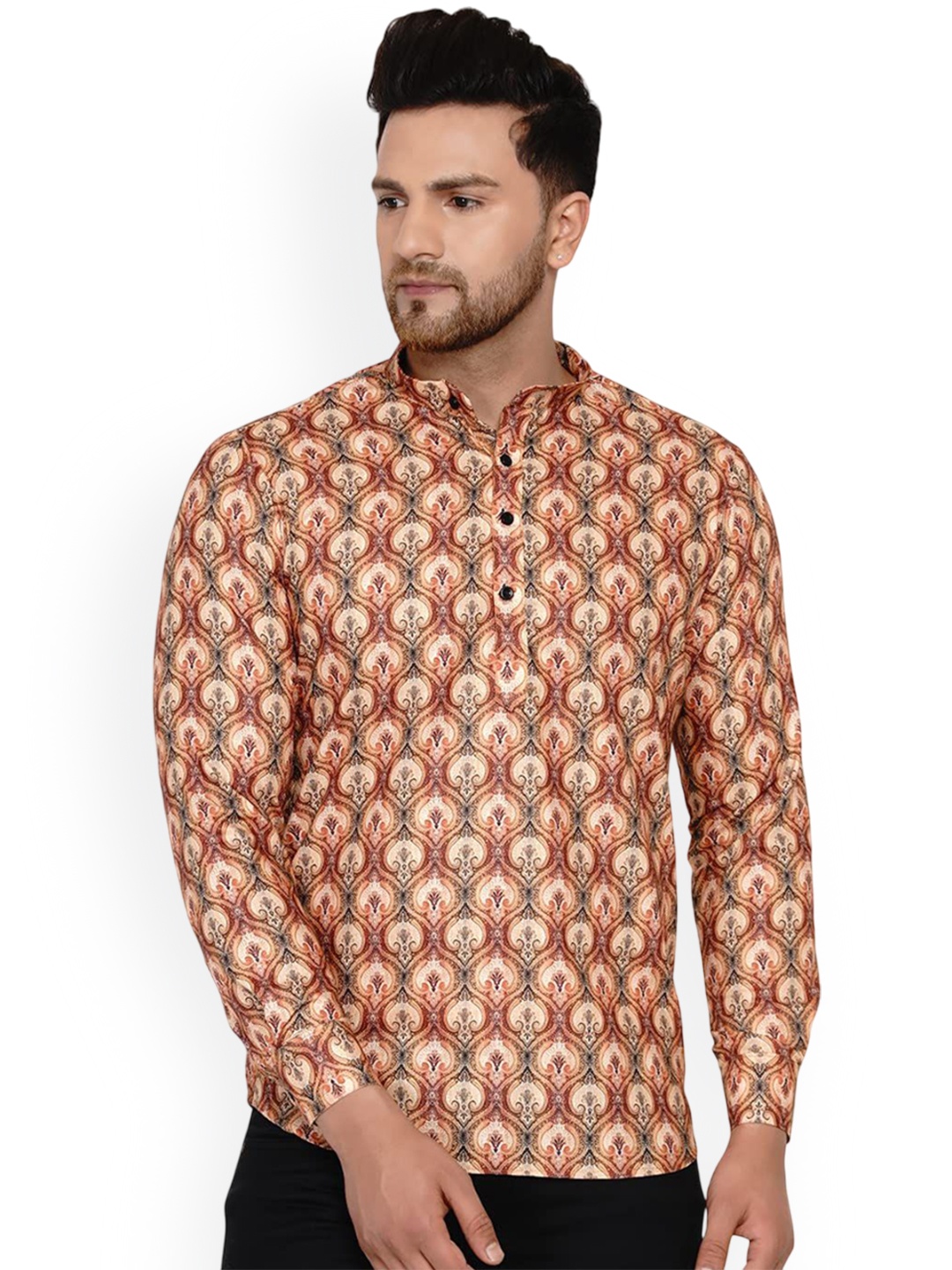 

VEERA PARIDHAAN Ethnic Motifs Printed Band Collar Cotton Straight Kurta, Beige