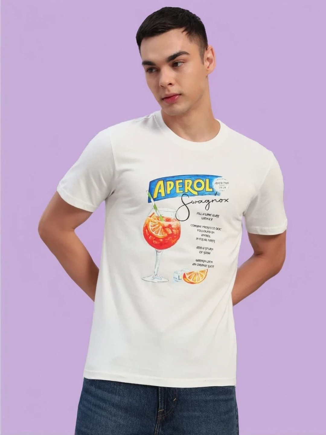 

SWAGNOX Men Printed Applique T-shirt, White