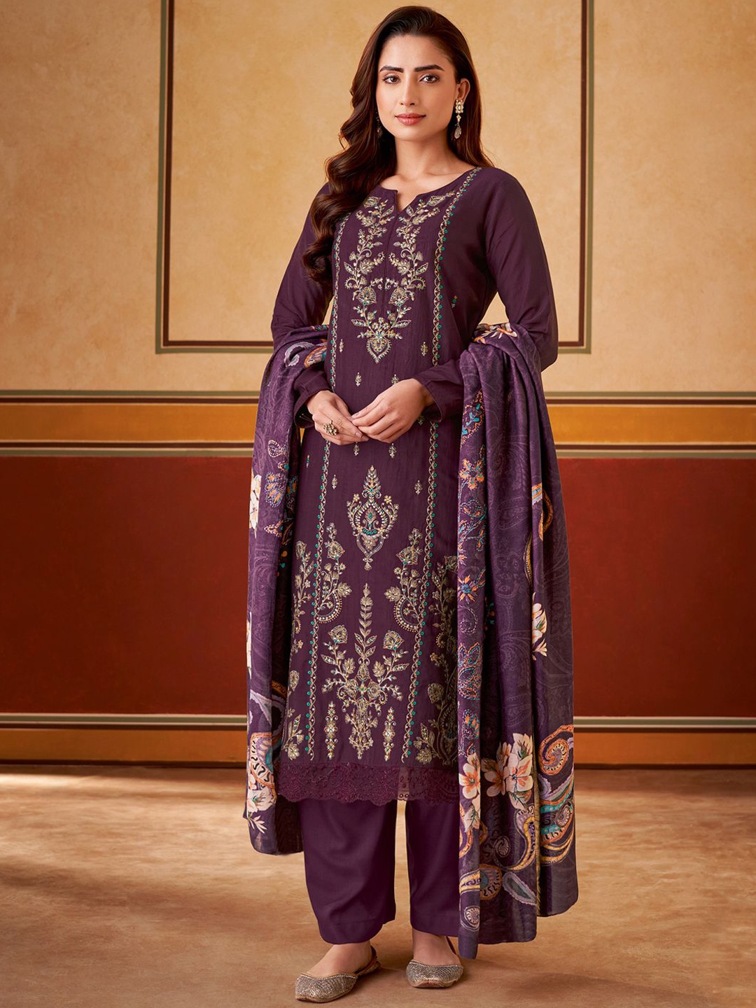 

Stylee LIFESTYLE Embroidered Pure Silk Unstitched Dress Material, Purple