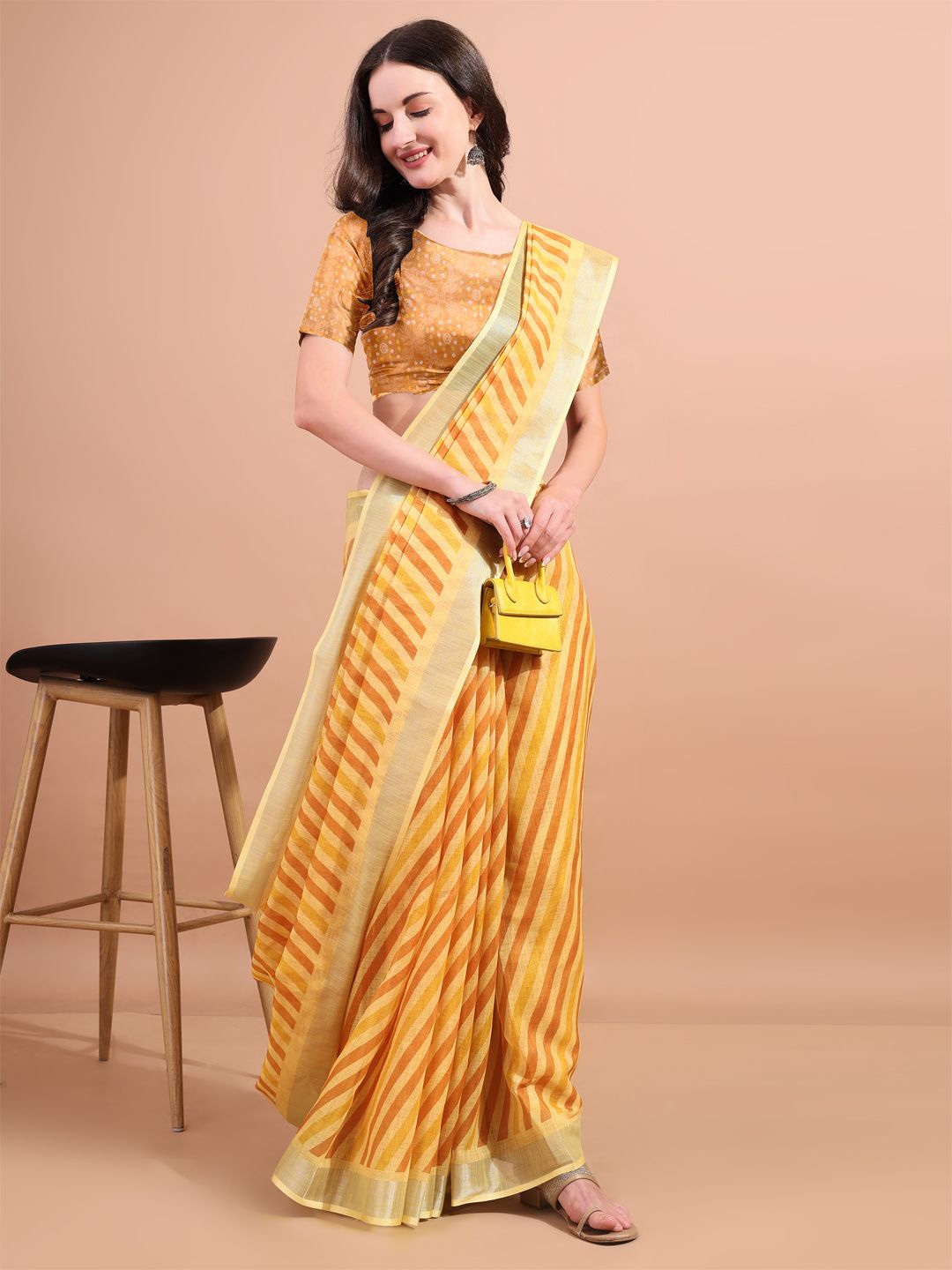 

BAPS Striped Zari Pure Linen Saree, Yellow