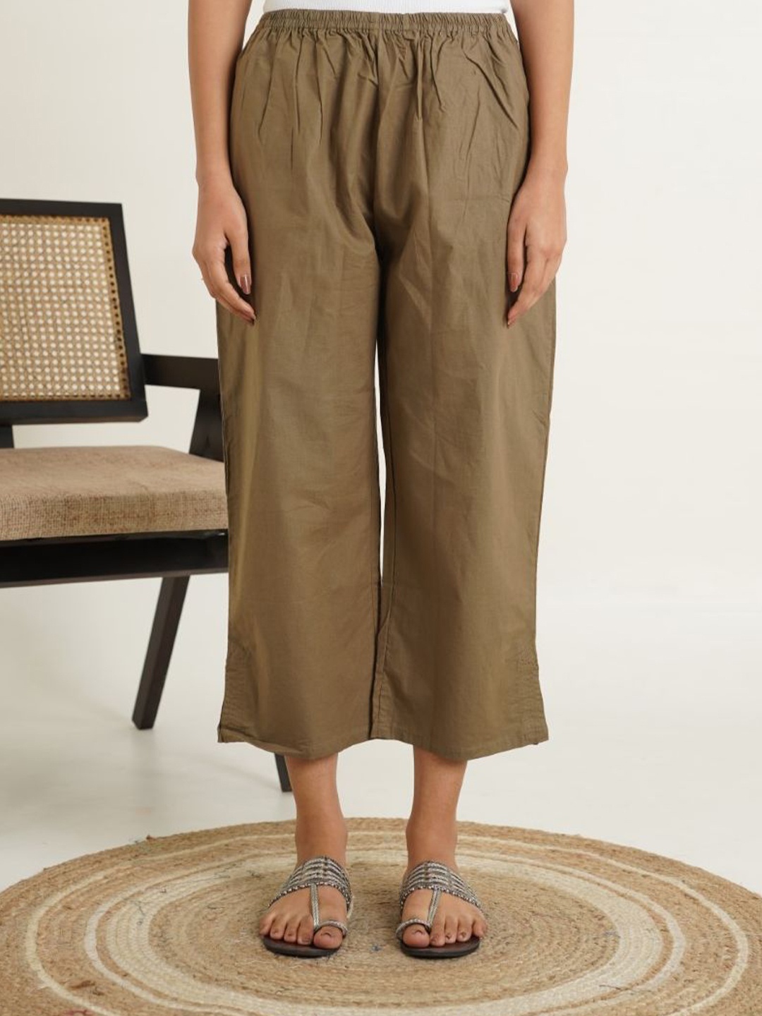 

GOODHAND Women Flared Cotton Palazzos, Khaki
