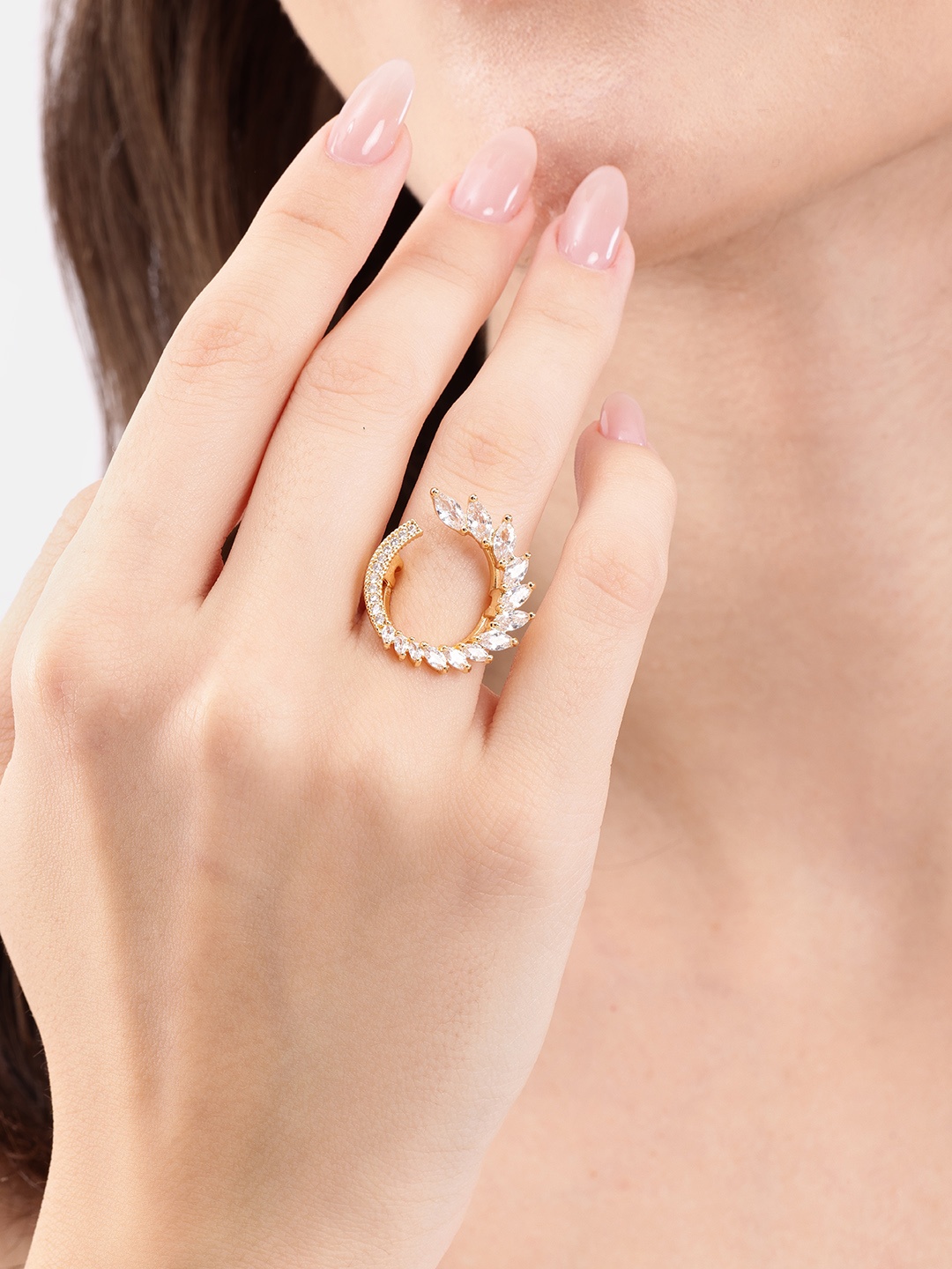 

DressBerry Women Stone-Studded Floral-Shaped Adjustable Finger Ring, Gold